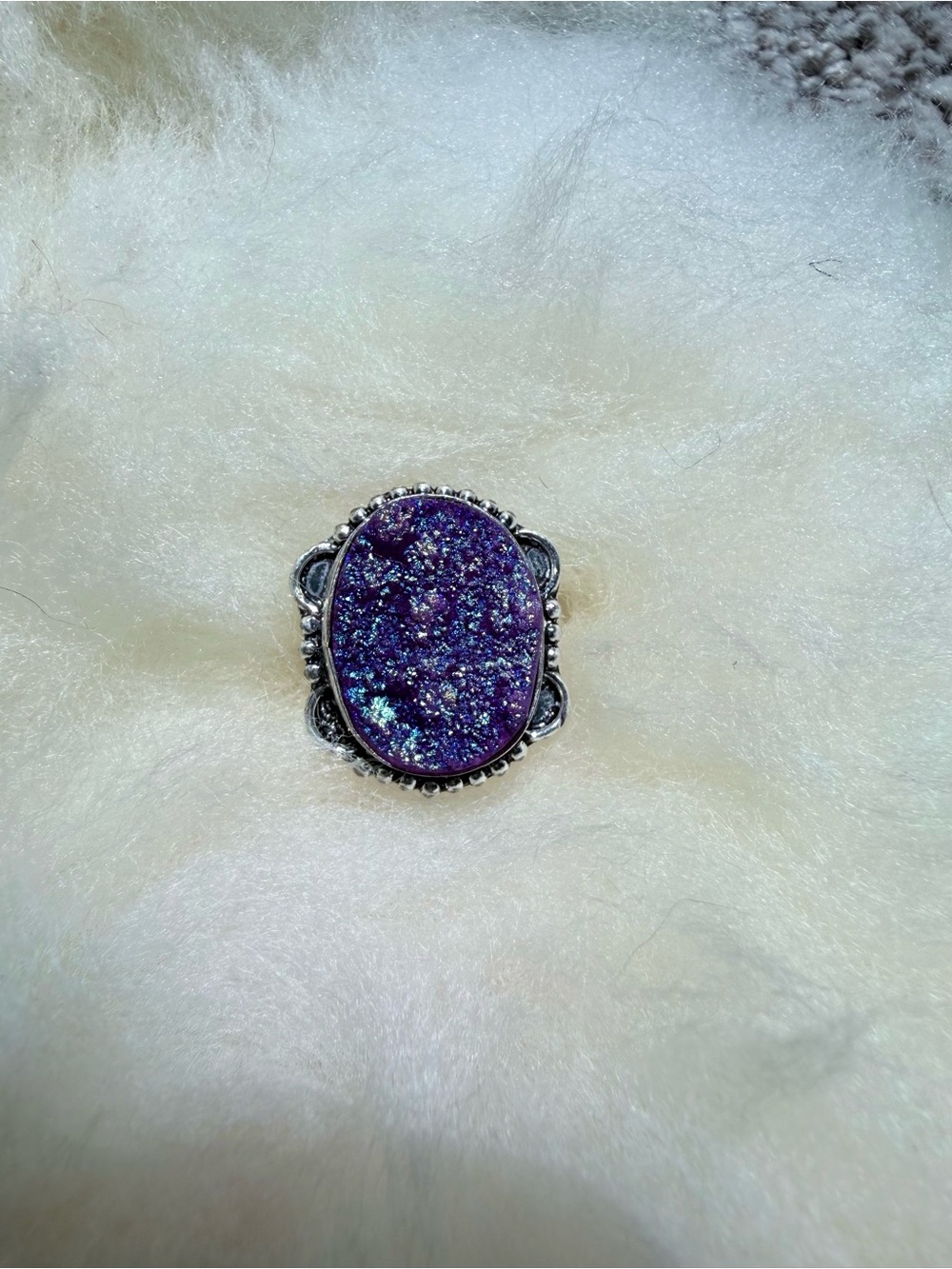 Stunning Purple Druzy Sterling Silver Statement Ring Size 9.5